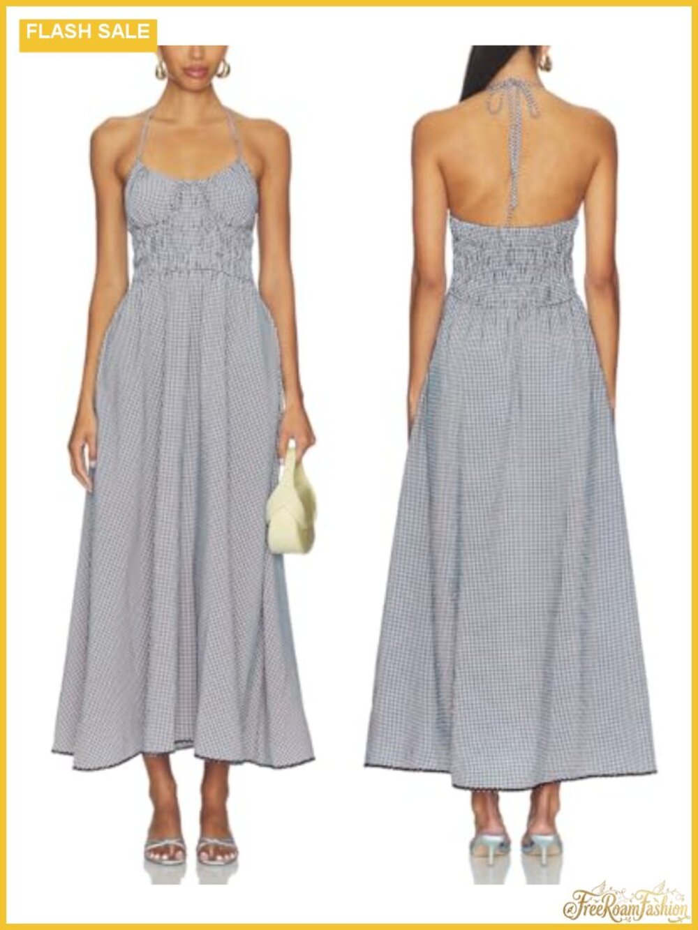 Backless Halter Plaid Maxi Dress Smocked Waist Flowy A-Line Cotton Boho Sundress